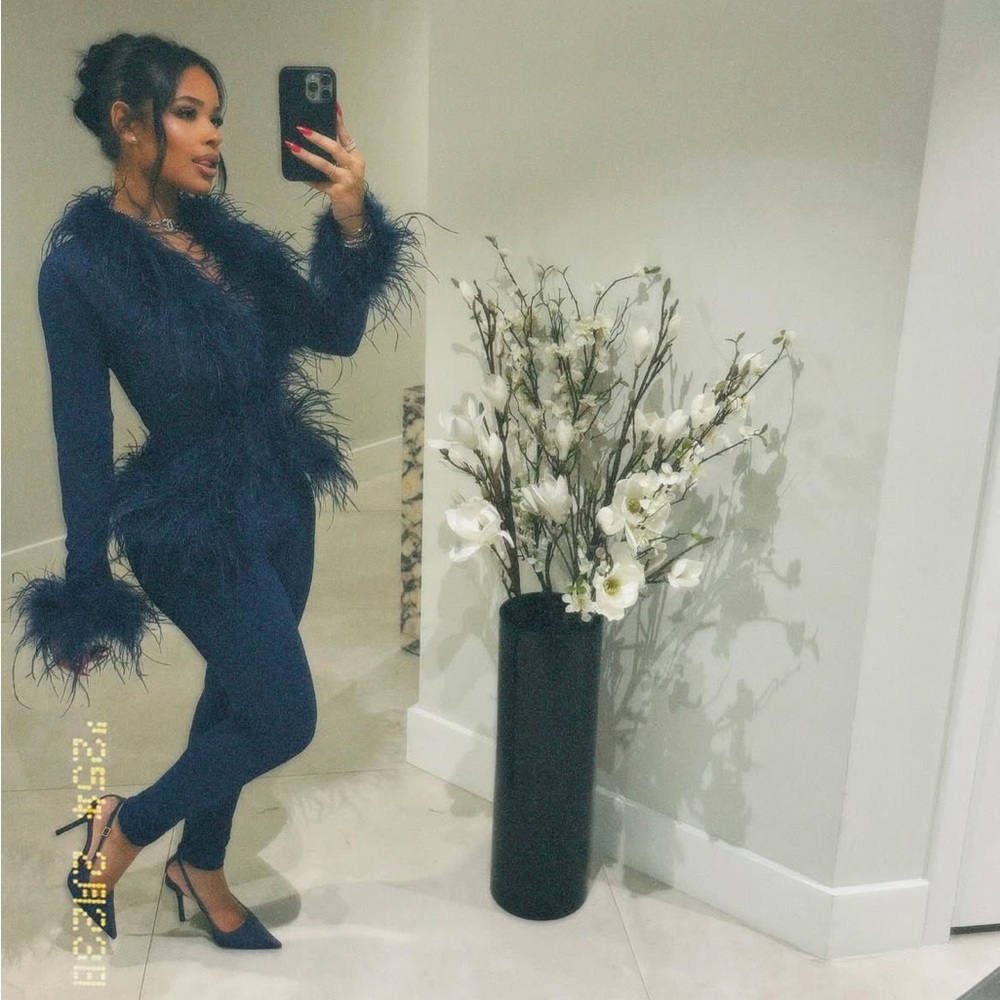 Trendy Boutique Blue Feathered Sleeve Jumpsuit